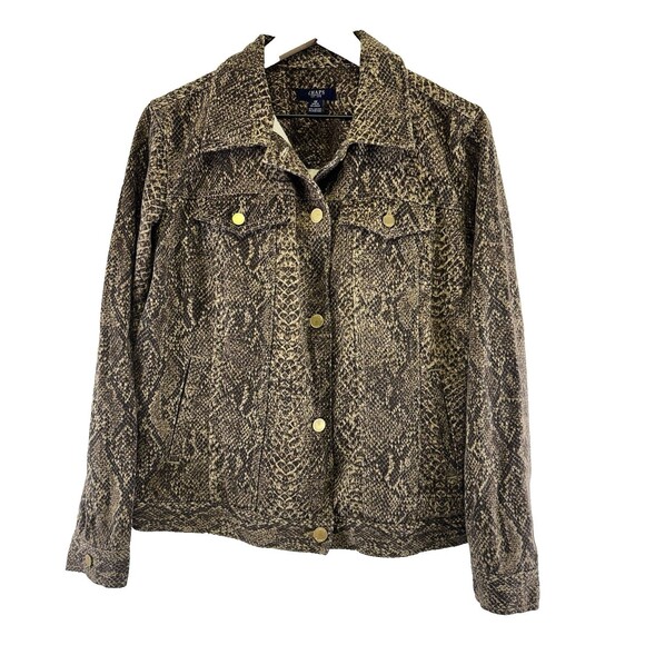 Chaps Snakeskin Python Denim Jacket Brown Button Stretch Flap Pockets Womens 1X - Picture 1 of 9
